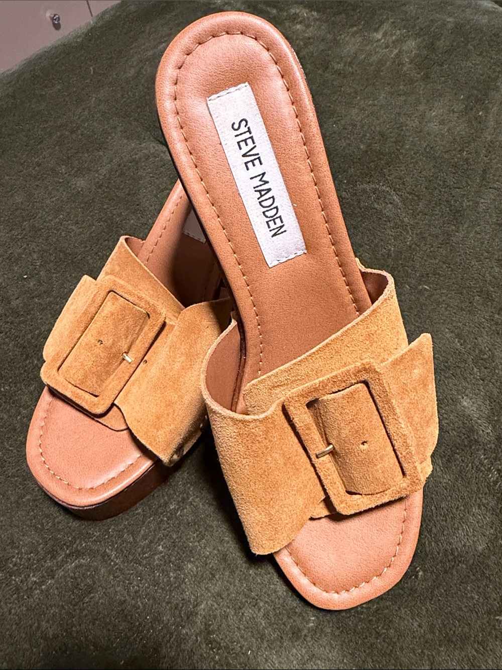 Steve Madden Tan Suede Buckle Mule Slides